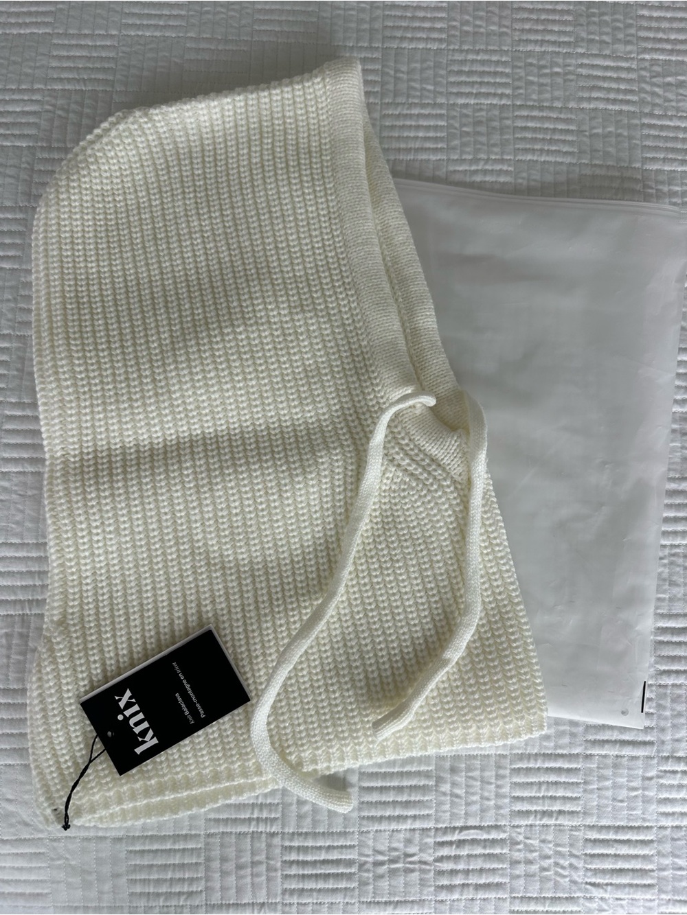 Knit Ivory Hooded Scarf with Drawstrings